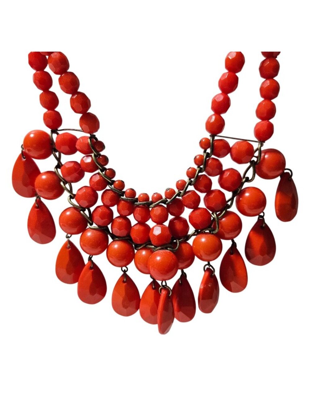 Vintage Beaded Bib Necklace Red Orange Faceted Teardrop Fringe Boho Maximalist